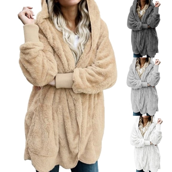 Winter Women Hooded Coat Long Sleeve Faux Fur Jacket for Daily Wear