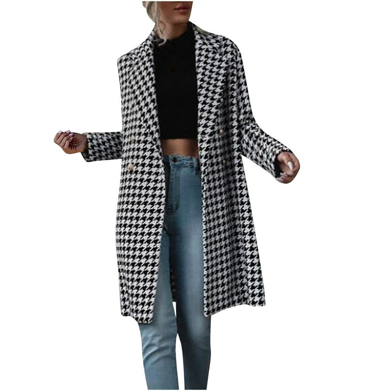 Winter Women Houndstooth Print Coat, Mid Length Trench Jacket Fashion Lapel  Double Braested Overcoat Ladies Outerwear Black 