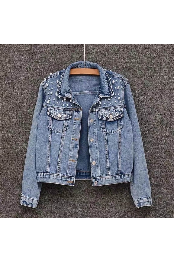 Winter Women Jacket - Bead Decor Plus Size Long Sleeves Turn-down Collar Chest Pockets Button Closure Coat Short Type Casual Streetwear