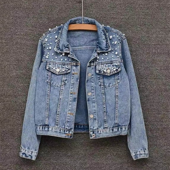 Winter Women Jacket - Bead Decor Plus Size Long Sleeves Turn-down Collar Chest Pockets Button Closure Coat Short Type Casual Streetwear