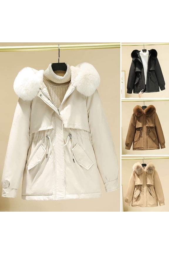 Winter Women Jacket - Furry Hood Long Sleeves Padded Drawstring Waist Pockets Cotton Coat Zipper Closure Mid Length Solid Color Windproof