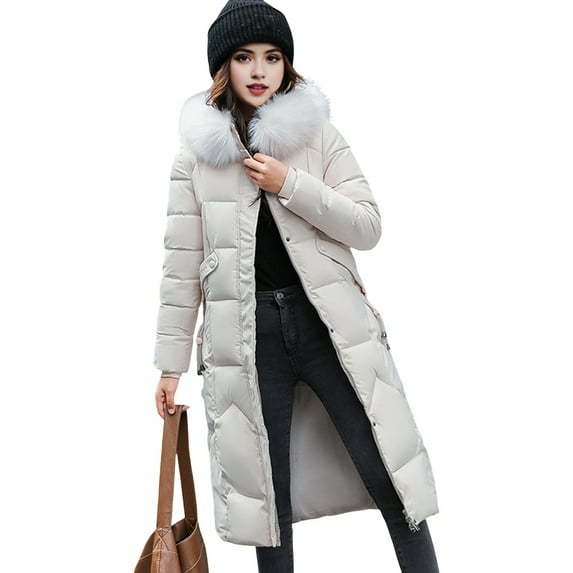 Winter Women Jacket Furry Hood Long Sleeves Pockets Knee Length Zipper And Button Closure Slim Waist Cotton Coat Mid Length Solid Color Windproof Warm Coat