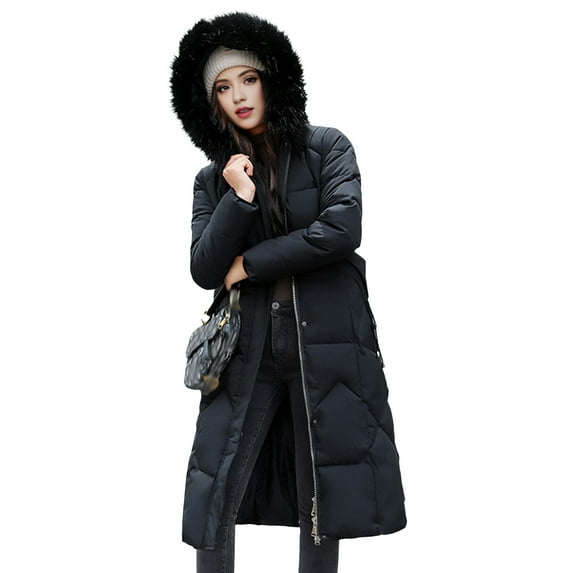 Winter Women Jacket Furry Hood Long Sleeves Pockets Knee Length Zipper And Button Closure Slim Waist Cotton Coat Mid Length Solid Color Windproof Warm Coat