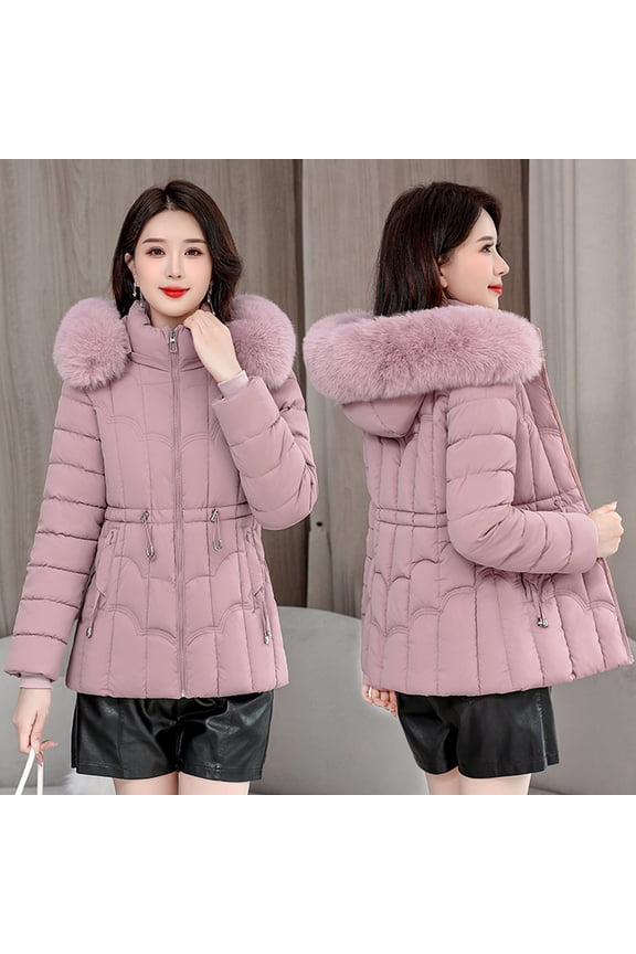 Winter Women Jacket Padded Windproof Cold-proof Zipper Closure Outerwear with Detachable Hood Stand Collar Neck Protection Drawstring Waist Down Jacket