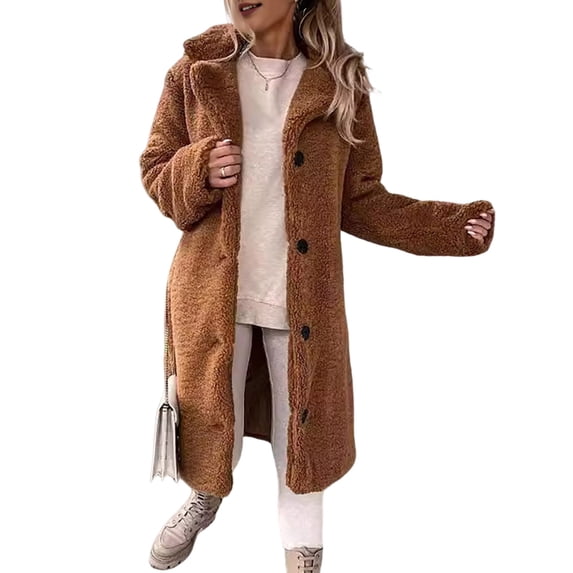 Winter Women Jacket Thick Fleece Turn-down Collar Long Sleeves Button-down Solid Color Mid Length Heat Retention Outdoor Coat