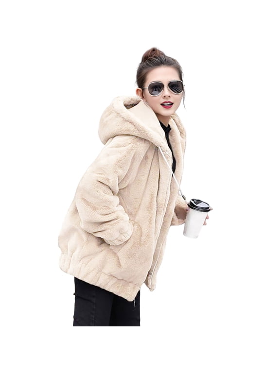 Winter Women Jacket Thick Plush Faux Rabbit Fur Mid Length Hooded with Pockets Long Sleeves Windproof Zip-up Cardigan Coat