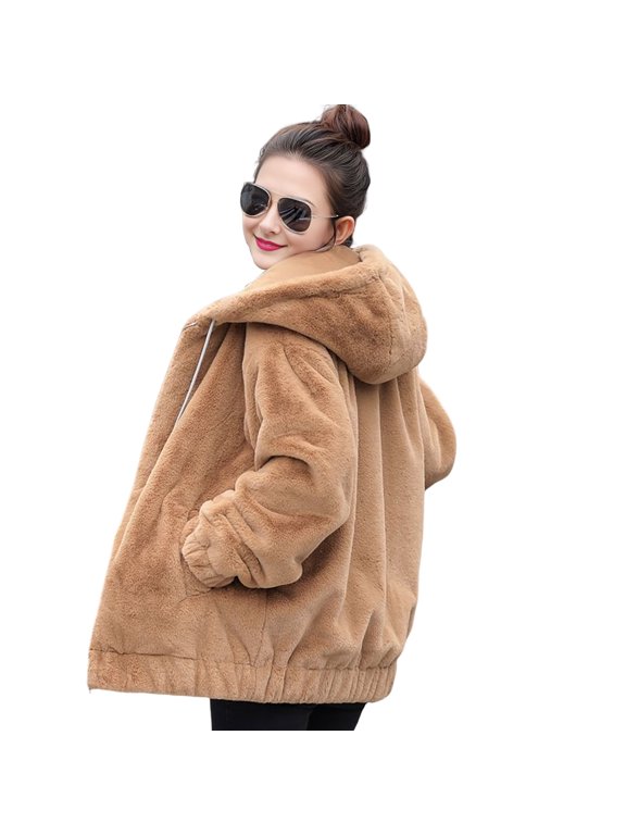 Winter Women Jacket Thick Plush Faux Rabbit Fur Mid Length Hooded with Pockets Long Sleeves Windproof Zip-up Cardigan Coat