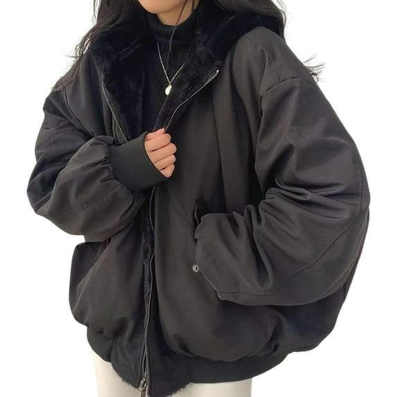 Winter Women Jacket Thickened Fleece Lined Double-sided Wearing Hooded with Pockets Windproof Heat Retention Zip-up Lady Coat