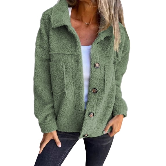 Winter Women Jacket with Double Pockets Thick Fleece Button Closure Cardigan Long Sleeves Warm Windproof Heat Retention Outdoor Coat