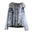 thumbnail image 1 of Winter Women Jacket with Furry Hood Thickened Plush Long Sleeves Pockets Button Closure Flap Pockets Coat Short Type Windproof Warm Denim Coat, 1 of 7