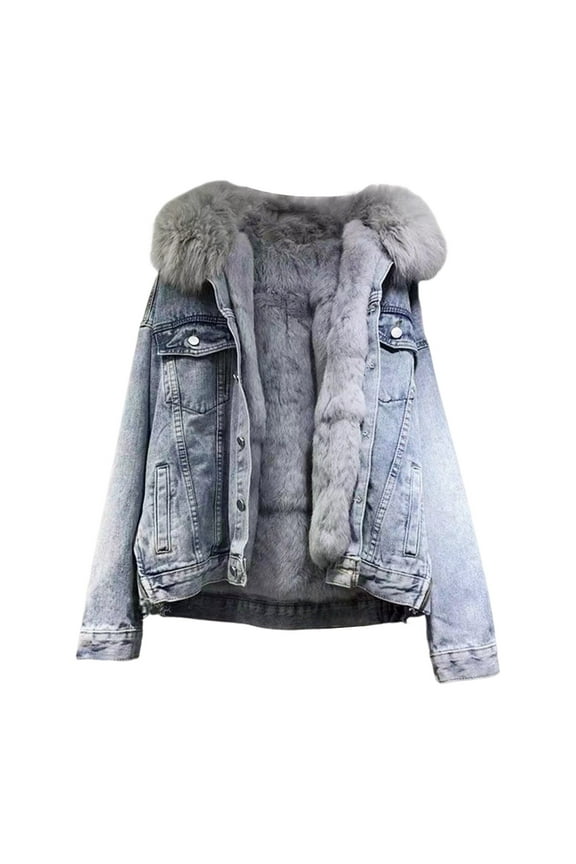 Winter Women Jacket with Furry Hood Thickened Plush Long Sleeves Pockets Button Closure Flap Pockets Coat Short Type Windproof Warm Denim Coat