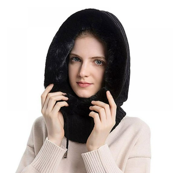 Winter Women Knitted Hood Hat Scarf Cap with Drawstring and Inner Plush