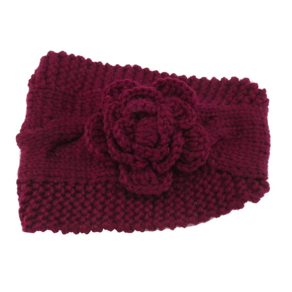 Winter Women Knitting Crochet Camellia Flower Hair Headband Headwrap Dark Red