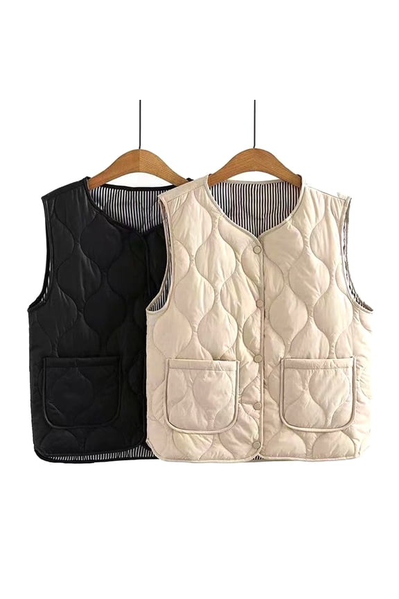 Winter Women Layering Vest Coat with Storage Bag Thin Padded Press Button Closure V Neck Sleeveless Solid Color Windproof Heat Retention Outdoor Down Coat