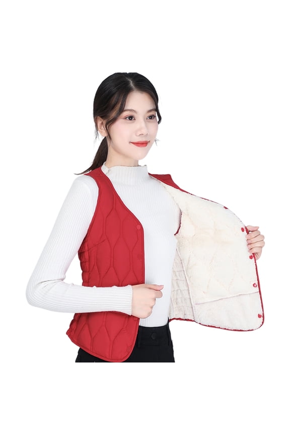 Winter Women Layering Vest Coat Thin Padded Button Closure V Neck Sleeveless Solid Color Windproof Heat Retention Outdoor Down Coat