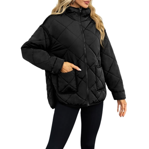 Winter Women Long Sleeve Zipper Quilted Coat Casual Loose Lightweight Hooded Puffer Jacket with Pocket