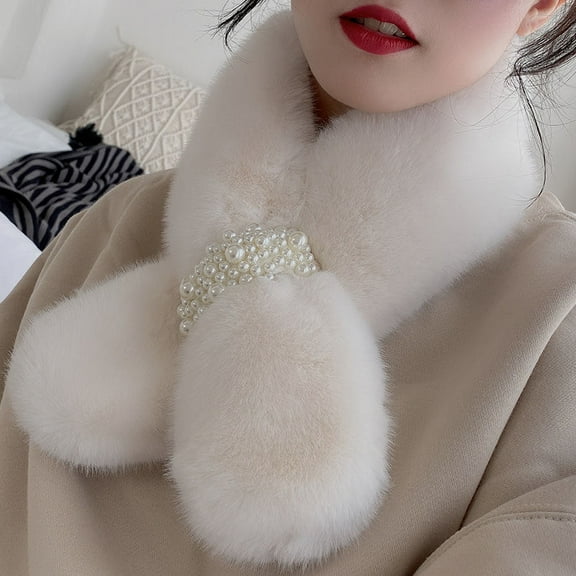 Winter Women Luxury Faux Thick Fur Fluffy Pearl Ladies Scarf Neck Warmer Wrap-White