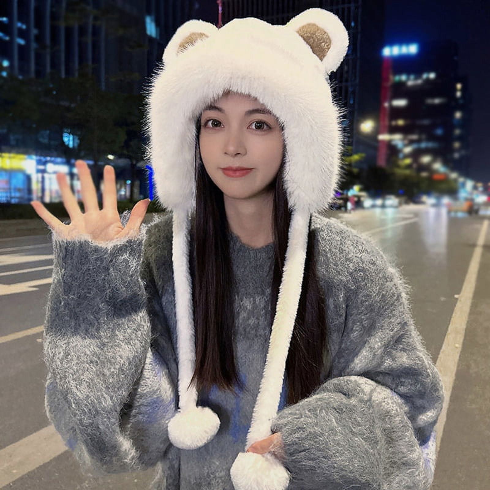 Winter Women Plush Bear Hats Faux Fur Fluffy Beanie Hat Cute Warm