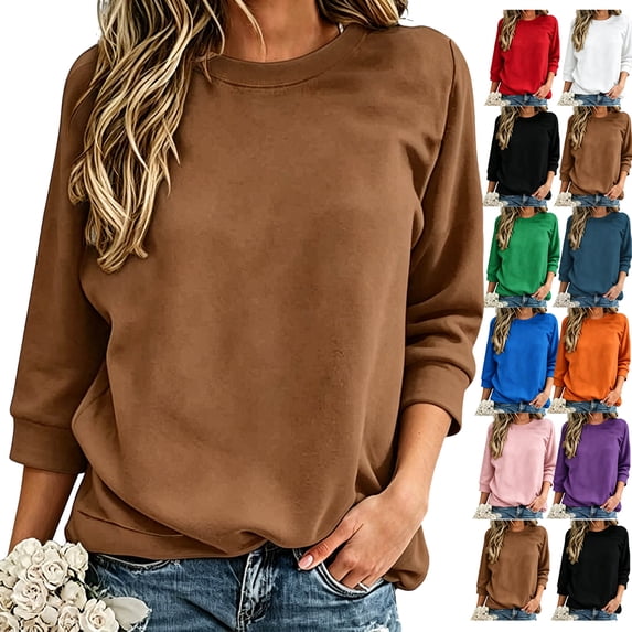 Winter Women'S Fashion Sweatshirts Solid Color Casual 3/4 Sleeve Winter Fashionable Loose Fleece Fall Fashion Outfits Workout Sweatshirts
