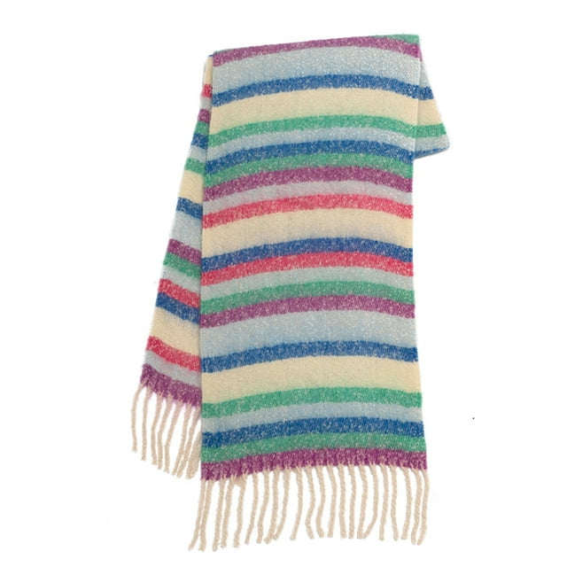 Winter Women Scarf Tasseled Striped Thick Soft Windproof Rainbow Elegant Vintage Shawl Wraps Warm