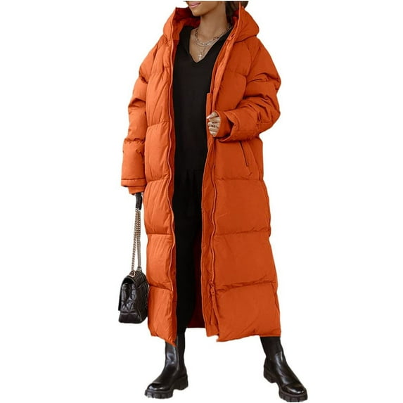 Winter Women Solid Color Long Down Coat Female Hooded Cotton-Padded Zipper Jacket