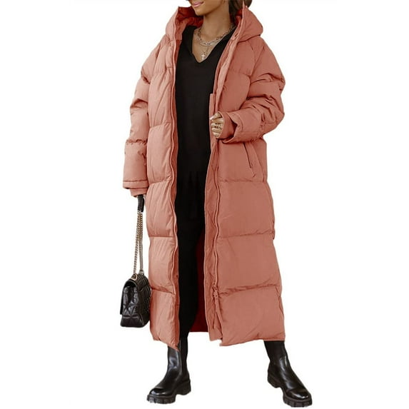 Winter Women Solid Color Long Down Coat Female Hooded Cotton-Padded Zipper Jacket
