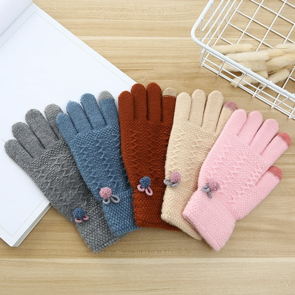 Winter Women Touch Screen Gloves Pompom Thermal Full Finger Knitted Mittens