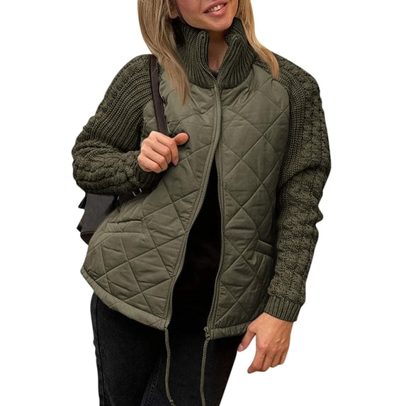 Winter Women Warm Knit Patchwork Puffy Jacket Casual Stand Neck Long Sleeve Jackets with Zipper Army Green M