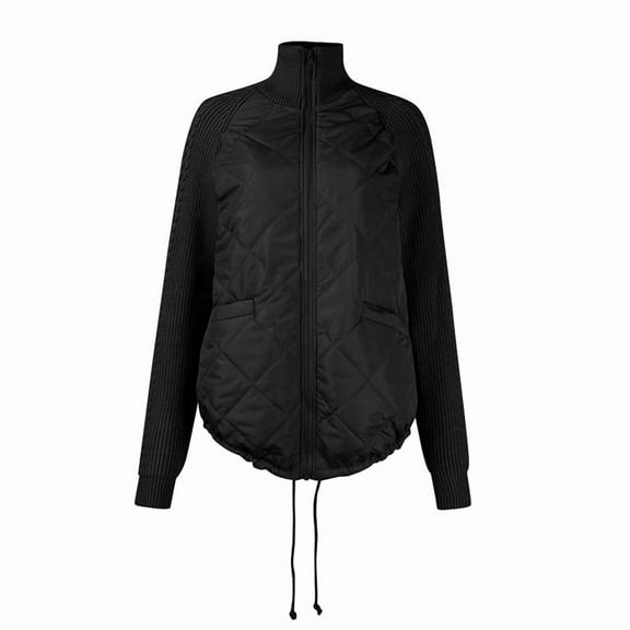 Winter Women Warm Knit Patchwork Puffy Jacket Casual Stand Neck Long Sleeve Jackets with Zipper Black L