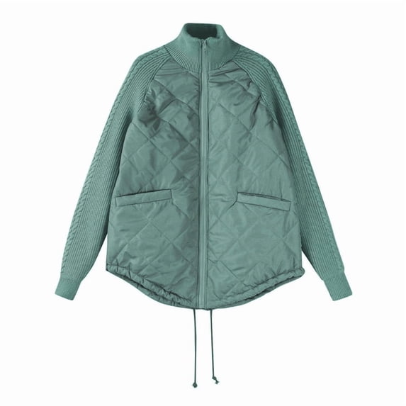 Winter Women Warm Knit Patchwork Puffy Jacket Casual Stand Neck Long Sleeve Jackets with Zipper Lake Blue L