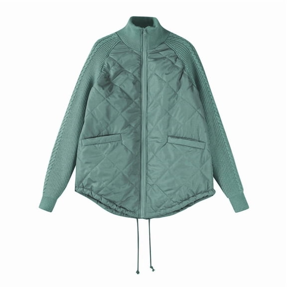 Winter Women Warm Knit Patchwork Puffy Jacket Casual Stand Neck Long Sleeve Jackets with Zipper Lake Blue XL