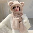 thumbnail image 1 of Winter Women Woolen Three In One Hooded Cap Earflap Hat Long Scarf Gloves Set Thermal Plush Pocket Windproof Bear Themed, 1 of 4