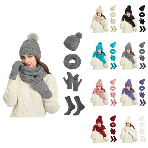 Winter Women's 4-Piece Woolen Set: Knit Hat, Scarf, Gloves & Socks – Soft Warm Winter Accessories with Elastic Fit