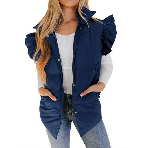 Winter Women's Button Down Puffer Vests Ruffle Sleeve Padded Gilet with Pockets
