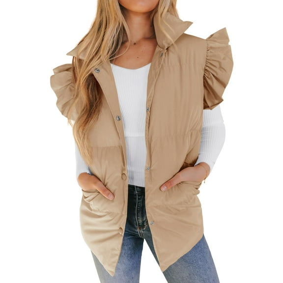 Winter Women's Button Down Puffer Vests Ruffle Sleeve Padded Gilet with Pockets