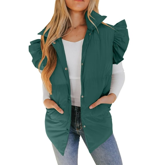 Winter Women's Button Down Puffer Vests Ruffle Sleeve Padded Gilet with Pockets