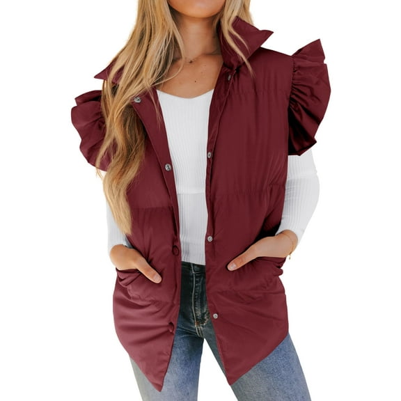 Winter Women's Button Down Puffer Vests Ruffle Sleeve Padded Gilet with Pockets