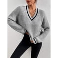 thumbnail image 1 of Winter Women's Clothes Cable Knit V Neck Sweaters Casual Long Sleeve Striped Pullover Sweater Trendy Loose Preppy Jumper Top, 1 of 7