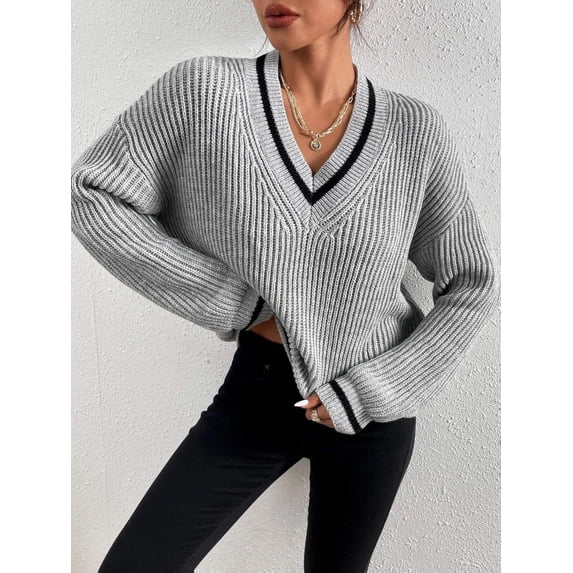 Winter Women's Clothes Cable Knit V Neck Sweaters Casual Long Sleeve Striped Pullover Sweater Trendy Loose Preppy Jumper Top