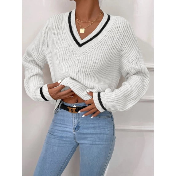 Winter Women's Clothes Cable Knit V Neck Sweaters Casual Long Sleeve Striped Pullover Sweater Trendy Loose Preppy Jumper Top