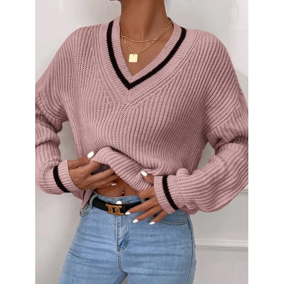 Winter Women's Clothes Cable Knit V Neck Sweaters Casual Long Sleeve Striped Pullover Sweater Trendy Loose Preppy Jumper Top