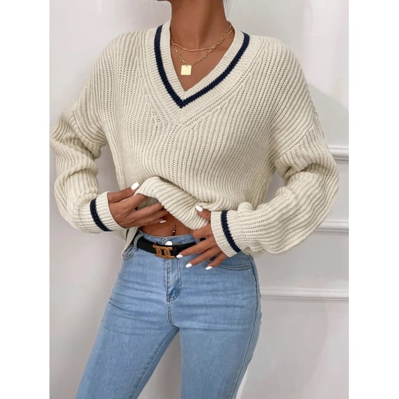 Winter Women's Clothes Cable Knit V Neck Sweaters Casual Long Sleeve Striped Pullover Sweater Trendy Loose Preppy Jumper Top