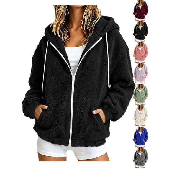 Winter Women's Coat Solid Color Long Sleeve Zip-Up Fleece Hooded Jacket with Drawstring and Pockets Winter Casual Fleece Outerwear Coats