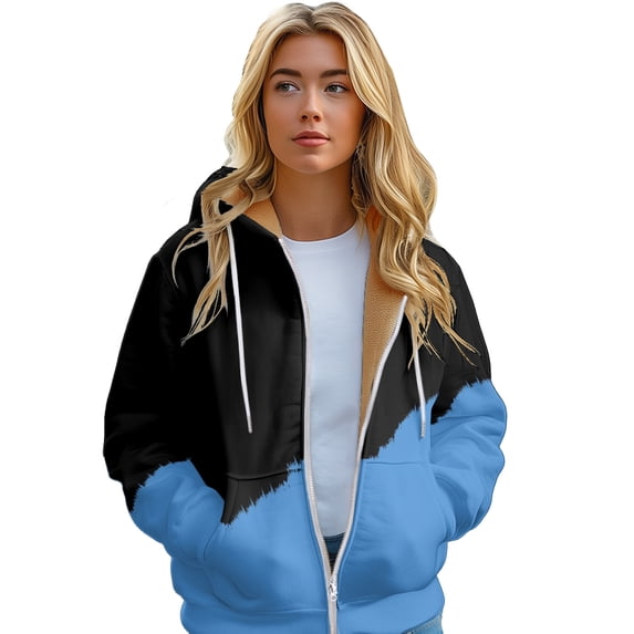 Winter Women's Colour Blocking Padded Hoodie Long warm zip jacket sizes XS-6XL