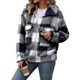 thumbnail image 1 of Winter Women's Comfty Jacket Pockets Zipper Lapel Long Sleeve Checkered Striped Gray Outwear Jackets 2XL, 1 of 9