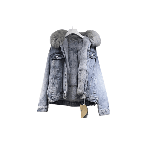 Winter Women's Denim Jacket with Faux Fur Hood, Sherpa Lined Oversized Puffer Coat, Thick Warm Quilted Lining, Heavy Duty Cold Weather Parka