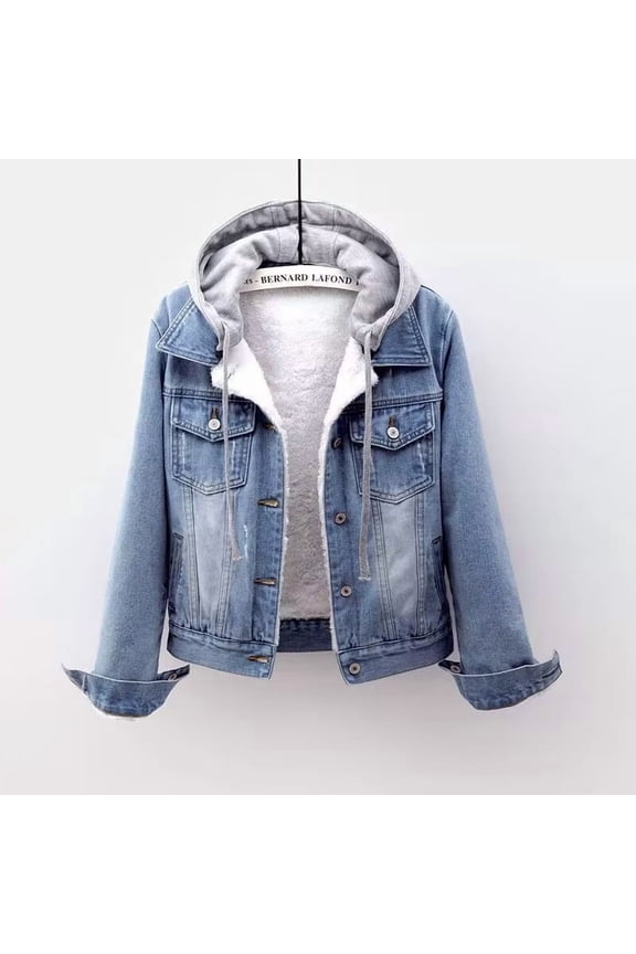 Winter Women's Denim Jacket with Faux Fur Hood, Sherpa Lined Oversized Puffer Coat, Thick Warm Quilted Lining, Heavy Duty Cold Weather Parka