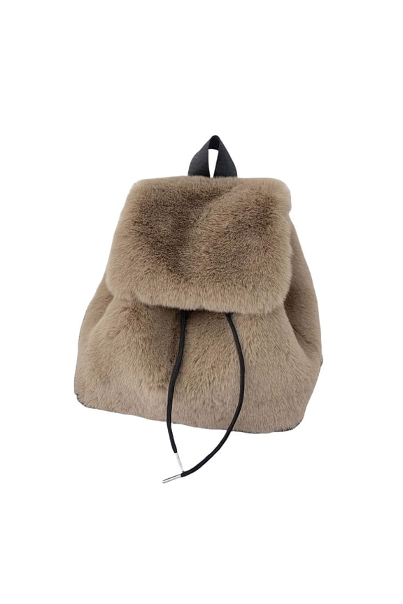 Winter Women's Elegant Plush Furry Backpack - Small Solid Color Fuzzy Bag with Flap Cover & Drawstring Daily/Travel.