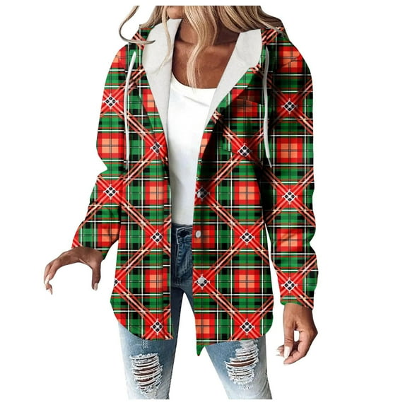 Winter Women's Fashion Clothing Coats Printe Long-sleeved Hooded Casual Lattice Prined Orange Coat Jacket Blouse L