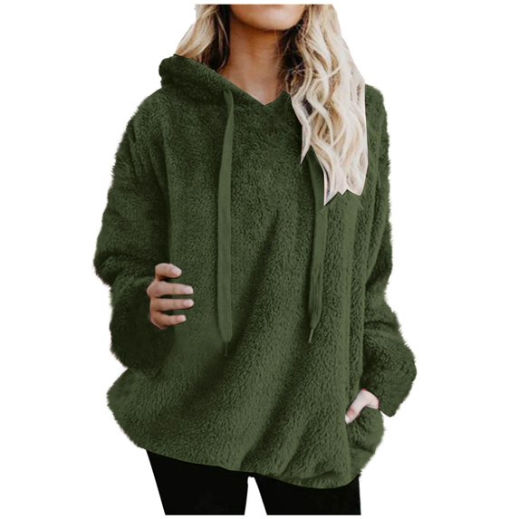 Winter Women's Fashion Hoodies & Sweatshirts Solid Color Pockets Drawstring Warm Wool Casual Long Sleeve Green Hooded Sweatshirt (2XL)
